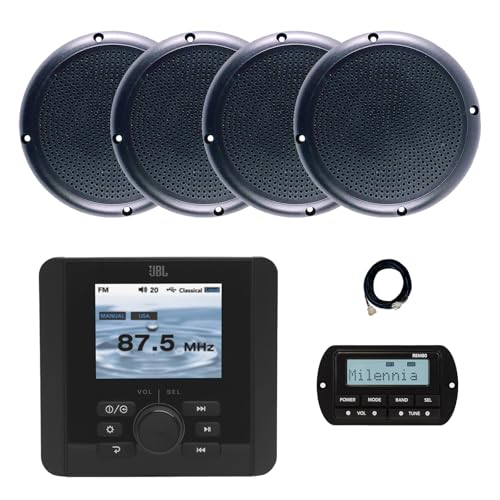 JBL JAM5000N Marine Gauge Hole Mount USB Bluetooth AM/FM/WeatherBand Radio Receiver with Wired Remote, Extension Cable, 4x 5.25