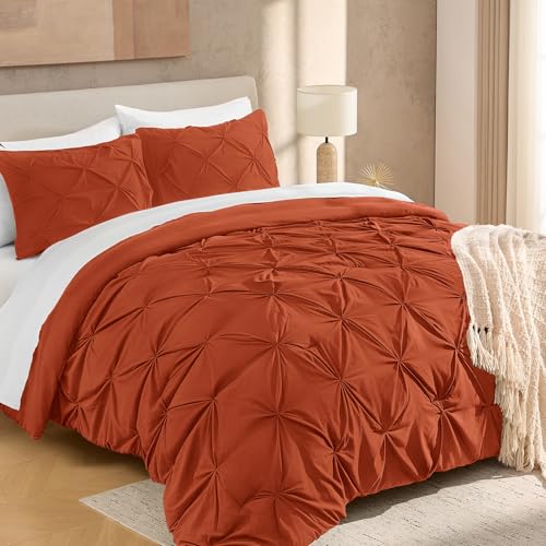 Image of Andency Queen Pinch Pleat Comforter Set (90 inchx90 inch),3 Piece Lightweight Pintuck Bedding Comforters & Sets, Fluffy Down Alternative Comforter with 2 Pillow Shams for All Season,Terracotta