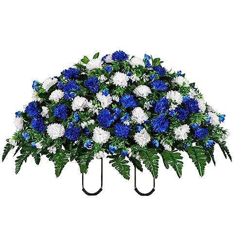 Sympathy Silks Artificial Cemetery Flowers - Bright Sapphire Blue and White Garden Mums - 30
