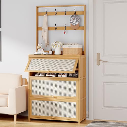 Armoire à chaussures moderne en rotin avec étagère à rock, commode autoportante pour hall d'entrée et salon, armoire d'appoint en bambou avec 3 portes...