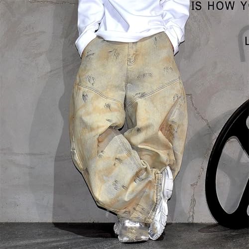 Men’S Hip Hop Loose Fit Heavyweight Baggy Harem Denim Pants Button Fly Distressed Wash Skate Graffiti Streetwear Cargo4