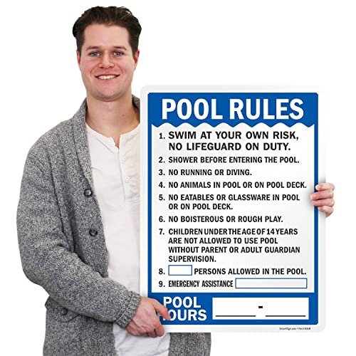 SmartSign 24 x 18 inch “Pool Rules - Swim At Your Own Risk, Shower Before Entering, Emergency Assistance, Pool Hours” Write-On Sign, Digitally Printed, 55 mil HDPE Plastic, Blue and white