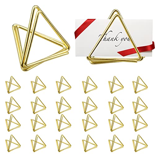 inodiref 24 Pcs Place Card Holders Table Photo Holder Golden Triangle Shape Table Card Holders, Memo Holder Clip Table Number Holder Stands for Weddings Party Table Decoration (Golden)