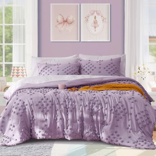 Image of Girls Twin Bedding Set - 5 Pieces Tufted Pom Bed in a Bag Purple Bed Set