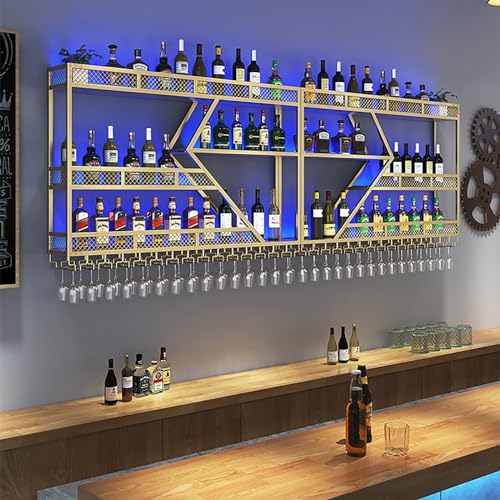 Estante de vino grande montado en la pared, estantes flotantes de metal con luz LED, soporte de exhibición de gran capacidad para botellas de vino y licor, estante colgante para copas