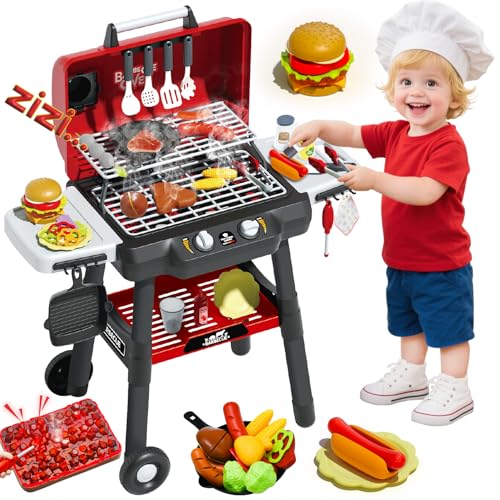 Kids BBQ Playset with Smoke, Light, and Wheels