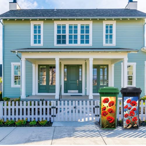 Image of Peacoblue Wheelie Bin Stickers 2 Sheets Papaver Rhoeas Sticky Dustbin Stickers Decals, 15 inch x 32 inch Waterproof Large Wraps for Trash Cans Bins Fridges Door Wall Garden Outdoor Indoor Patio Decor