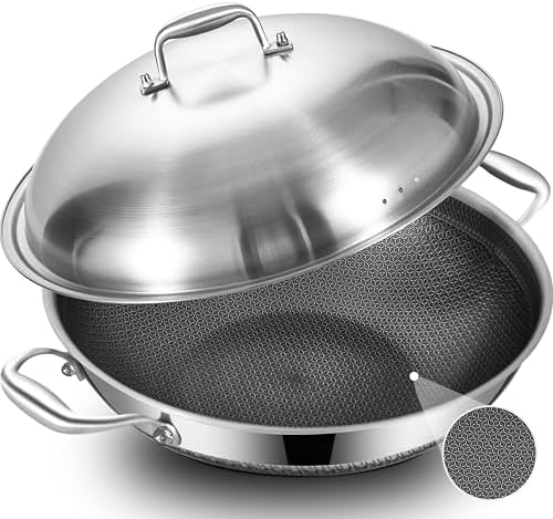 LOLYKITCH 14.5 Inch Hybrid Ceramic Nonstick Stainless Steel Wok Pan with Steel Lid - Large Tri-Ply Flat Bottom Stir Fry Pan for Induction - PFOA Free, Dishwasher & Oven Safe - Thumbnail 2