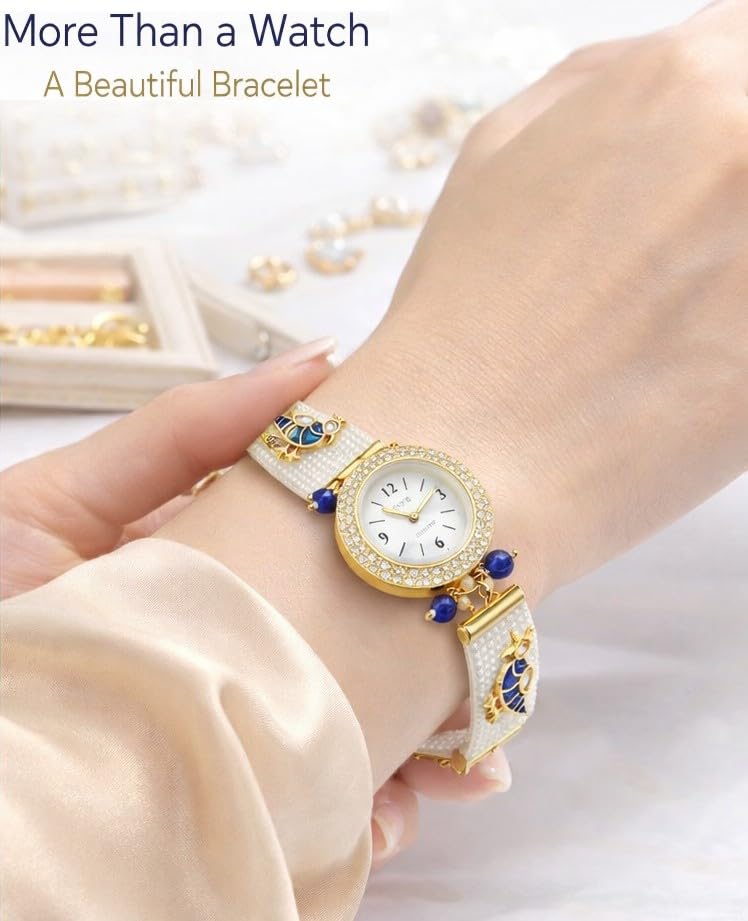 Image of Kashmiri Bracelet Watch for Women Stylish | Pearl Strap Jewellery Watch with Blue Bird Design | Ethnic Wrist Watch for Girls | Wedding, Festive & Gift