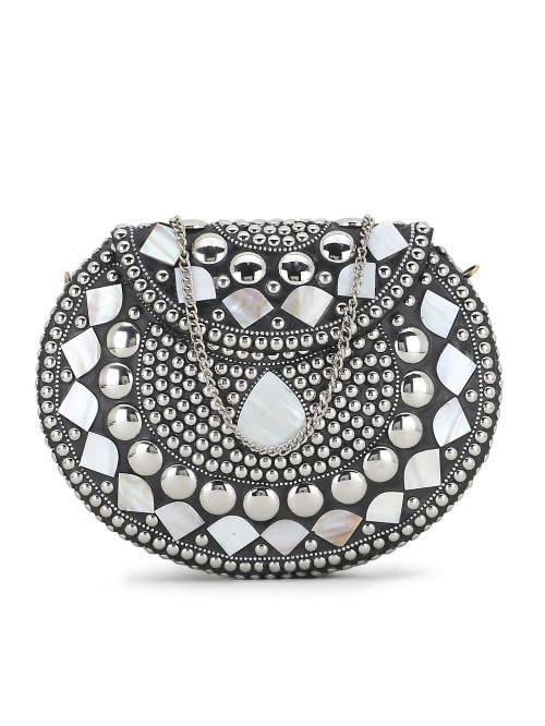 Design craft India women antique bridal metal clutch silver design stone clutches-image-7