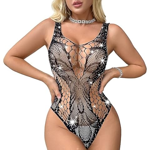 Ruzishun Fishnet Lingerie for Women – Sparkle Rhinestone Sexy One-Piece Mesh Teddy Bodysuit, Glamorous Club & Rave Outfit Cover