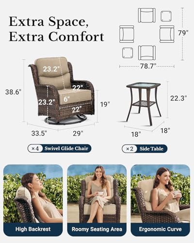 HILLGA Luxury Patio Furniture Set with 6-inch Thick Cushion, Outdoor High Back Swivel Rocker Patio Chairs, 6PCS Wicker Conversation Set for Deck Yard and Poolside, Beige (V2)