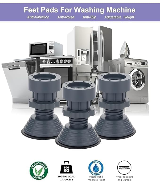 Image of Rainspire Anti Vibration Pads for Washing Machine, Adjustable Height Anti Slip Rubber Feet Pads, Noise Reduction Washer Dryer Support Stand, Heavy Duty Appliance Shock Absorber for Fridge, Dishwasher, Furniture (Set of 4)