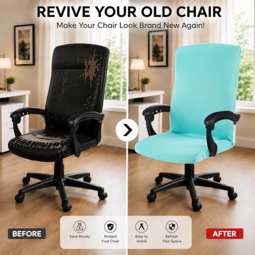 Image of Elastic Computer Chair Cover with Durable Zipper - Protective Removable Washable Universal Office Desk Chair Seat Slip Cover - Stretchy Soft Anti-dust Desk Chair Seat Protector for Dogs, Cats, Pets
