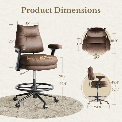 Image of Executive Drafting Chair, Extral Thick Tall Office Chair with Padded Flip-Up Armrests, Mid-Back Cushioned Seat, 360 Swivel Rolling Computer Desk Chair, Vintage Brown