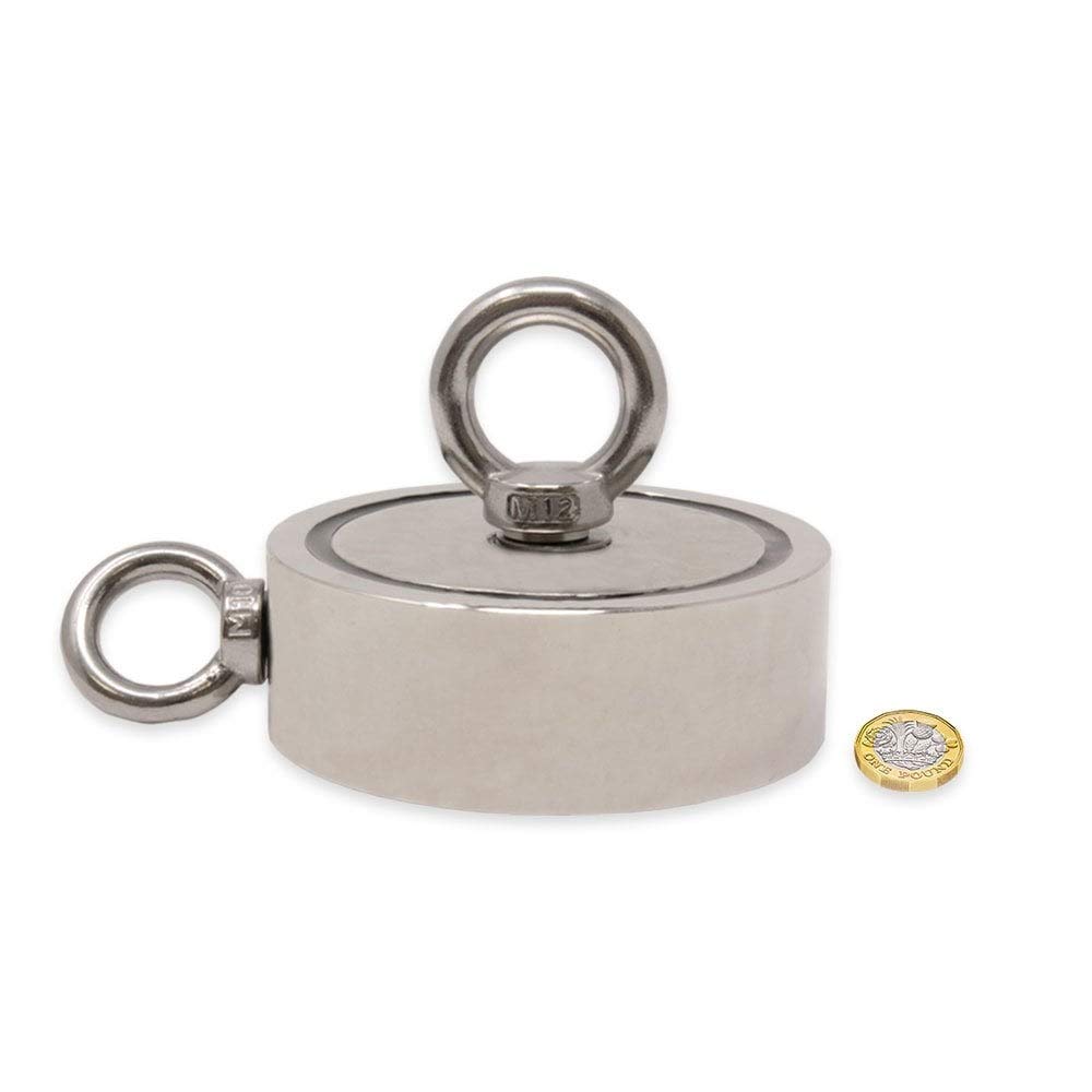 N42 Pot Neodimio Pot Magnet Con 1X M12 E 1X M10 Eyebolt Per Pesca A Magnete, Recupero E Caccia Al Tesoro - 116mm Dia x 32mm - 400kg