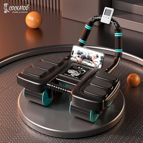Image of Cockatoo Automatic Rebound 4-Wheel Ab Roller with Elbow Support|Abdominal Muscle Training Equipment for Home & Gym Workouts|Auto Ab Roller with Digital Timer & Mobile Holder, Max weight 300 kg