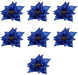 EXCEART 7pcs Christmas flowers artificial glitter poinsettia wedding xmas tree wreath decorations 13cm (Blue)