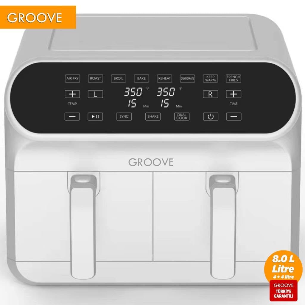 Groove Max Plus XXL 1800W 8Lt Çift Hazneli Smart Airfryer Yağsız Sıcak Hava Fritözü Beyaz