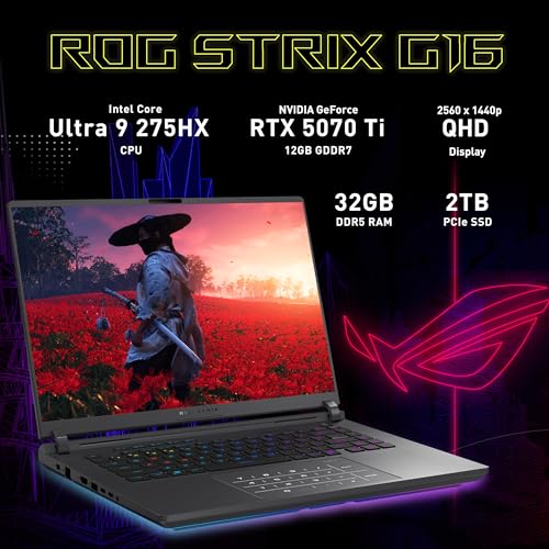 Image of ASUS ROG Strix G16 16 inch 2.5K 240Hz Gaming Laptop, Intel Ultra 9 275HX, GeForce RTX 5070 Ti 12GB GDDR7, 32GB DDR5, 3TB Storage (2TB SSD+1TB Docking Station Set), Backlit Keyboard, Wi-Fi 7, Win 11, Gray