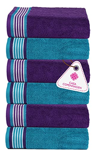 Image of Casa Copenhagen Germany Design - He & She Collection 100% Super Soft Cotton 6 Piece Face Towels Set (Size : 30 x 30 cm) - Violet Indigo & Teal Green