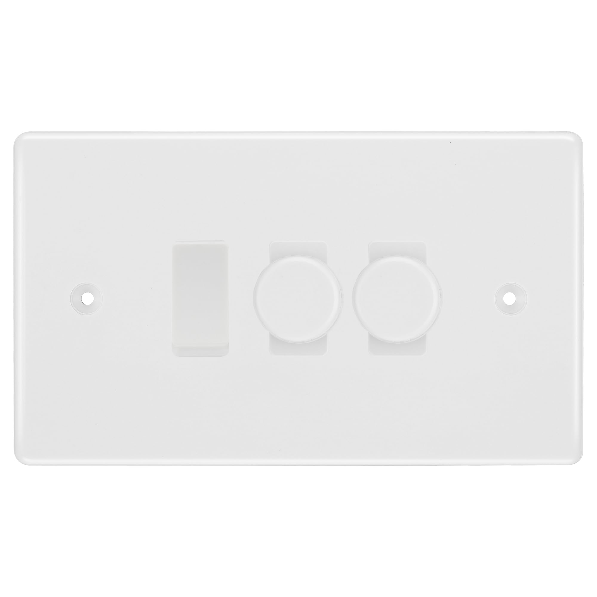 BG White Moulded 3 Gang Light Switch 2x Trailing Edge LED Dimmer 1x 2 Way Custom Switch