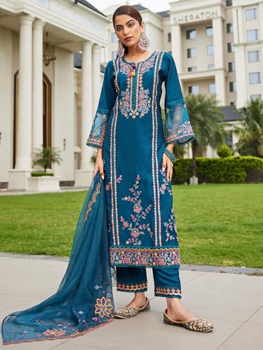 Image of INDO ERA Women's Silk Blend Embroidered Straight Kurta Pant with Dupatta (Ieout6967)