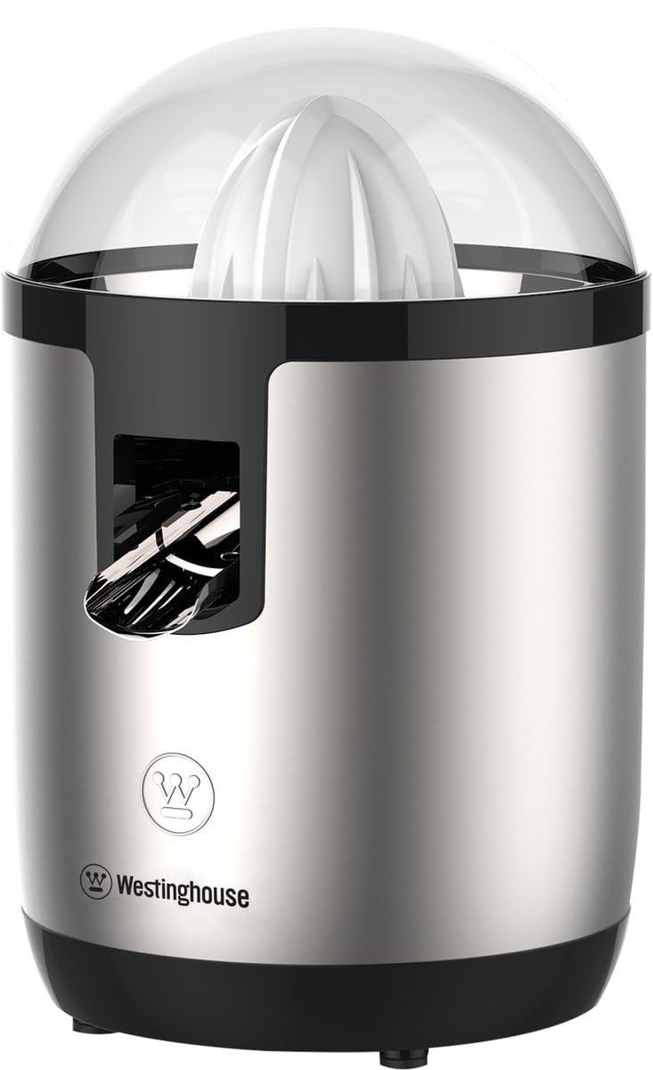 WESTINGHOUSE Extracteur de jus électrique pour agrumes, moteur de 70 W, presse-agrumes, électrique, avec fonction de pressage lent, 2 cônes de pressage pour citrons et oranges, argenté