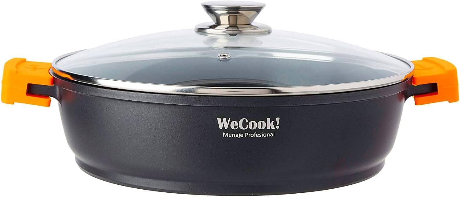 WECOOK Cazuela Baja Ecochef Titanio, 28 cm, 5 L, Negro, Inducción | Antiadherente QUANTANIUM 5 capas sin PFOA, Aluminio fundido 5 mm, Apta horno 230°C, Tapa vidrio templado, Lavavajillas