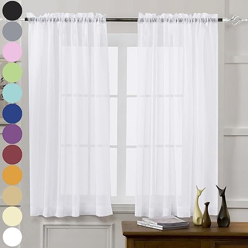 Cortinas blancas traslúcidas para ventana de 54 in de largo, 2 paneles de cortinas de tul para dormitorio, juegos de 2 paneles de cortinas con