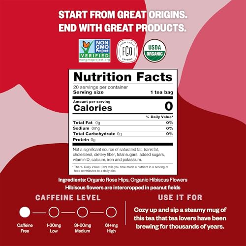 Image of FGO Organic Rosehips Tea, 20 Count, Eco-Conscious Herbal Tea Bags, Resealable Bag, Caffeine Free, Packaging May Vary (Pack of 1)