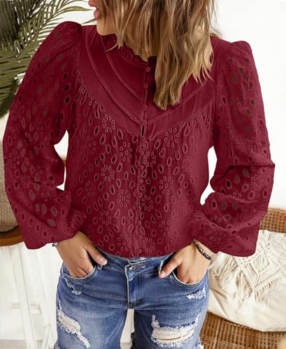 BETTE BOUTIK Women's Long Short Sleeve Tops 2025 Dressy Casual Button Hollow Out Lace Embroidered Blouses Shirts
