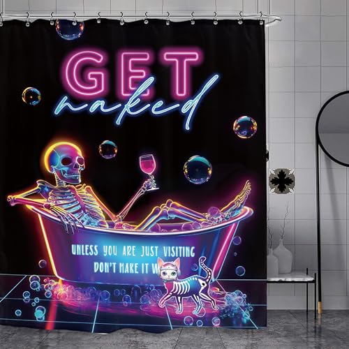 Yookeb Funny Skeleton Skull Bathroom Shower Curtain 60W by 71H Inch Cool Neon Gothic Spooky Get Naked Halloween Horror Vintage Polyester Fabric 12 Plastic Hooks Waterproof Decor