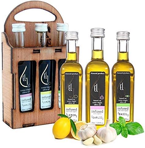 Pellas NatureInfused Extra Virgin Olive Oil, Herbs Infused,Wooden Set, 3x50ml Flavors (Garlic, Lemon, Basil)