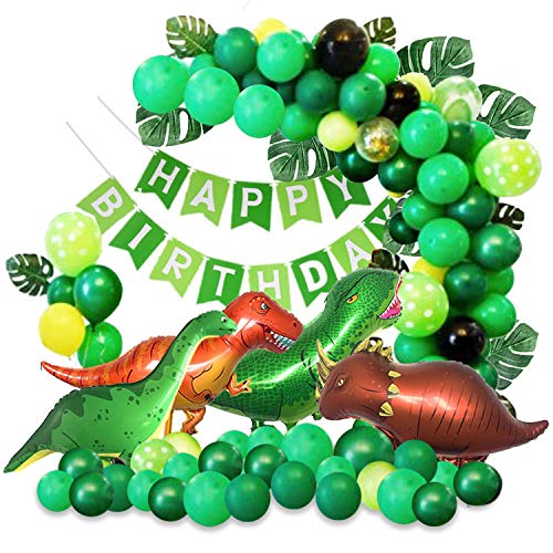 Dinosaur Theme Party Balloon Garland Kit  155 Pack Round Latex Balloon with Dinosaur Foil Balloons, Palm Leaves and Happy Birthday Banner for Kids Boys Birthday Party Baby Shower Decorations