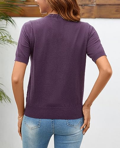 Image of Women Summer Knit Shirt Blouse V Neck Short Sleeve Pullover Sweater Tops