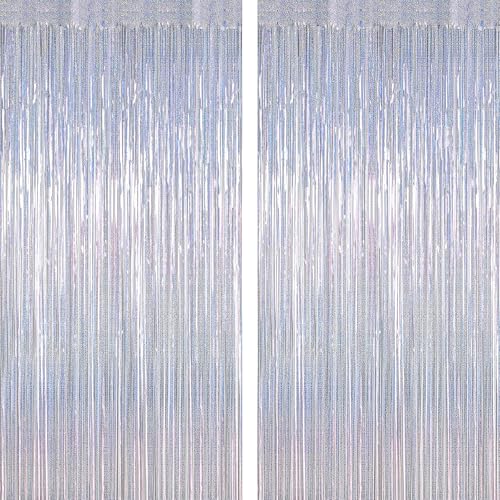 2 Pack Silver Metallic Tinsel Foil Curtains, 3.28 FT x