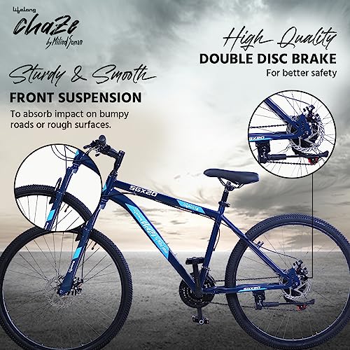 Image of Lifelong Chaze Shimano Gear Cycle by Milind Soman Sgx20 27.5T with Dual Disc 21 Speed MTB Cycle|Ideal for:Unisex Adults(15 Years+)|Frame Size: 18 inch|Ideal Height : 5'6 inch|85% Assembled(Czbc2795,Blue)