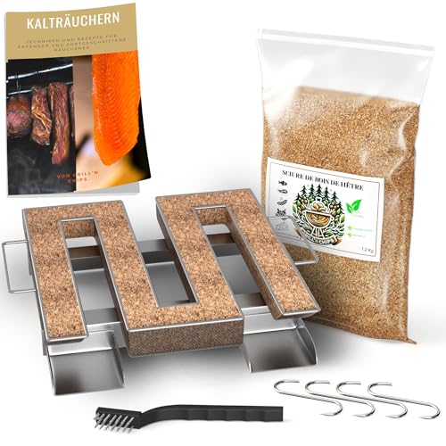 Kaltrauchgenerator/Räucherschnecke für Räucherofen + 1,2 kg Räuchermehl Buche + 4 Haken & Bürste – Edelstahl-Spirale für Fleisch, Fisch, Wurst – Inkl. PDF-Ratgeber (Gratis)