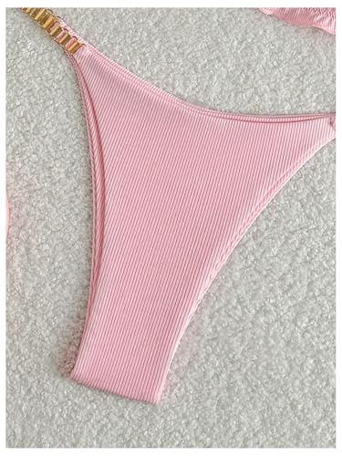 MakeMeChic Women's Bikini Sets Bandeau Chain Frill Trim Rib Knitted Bathing Suit4