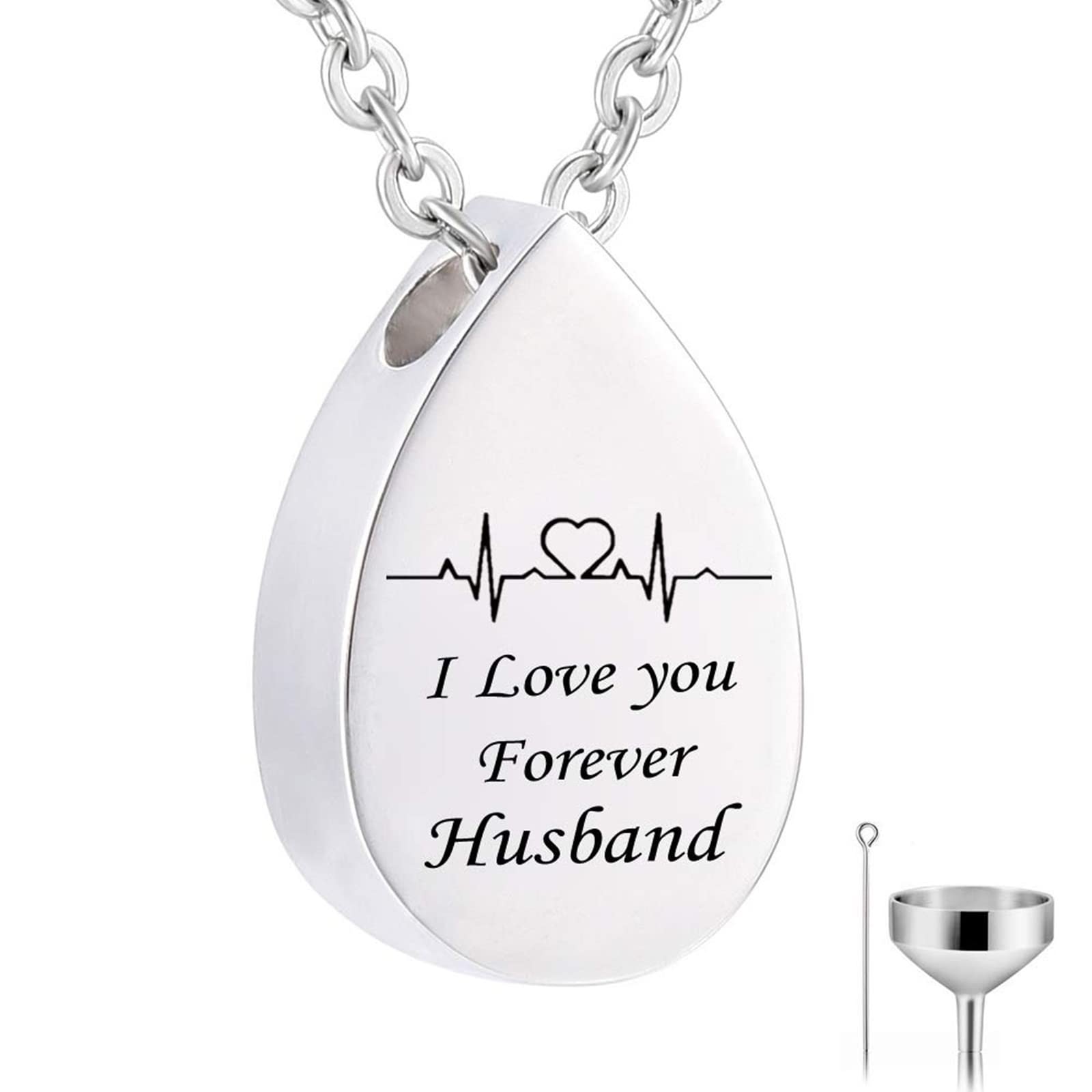 Ashes Necklace, Men Chain Necklaces Silver with Silver Teardrop Pendant Electrocardiogram Necklace Gift for Women and Men