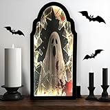 GYLCAMYCK 2025 Halloween Ghost Mirror 20 * 9.5IN Black Wavy Vanity Mirror Large Haunted Mirror for Wall Decor Spooky Wooden Ghost Hologram Decoration Lighted Halloween Decorations Indoor