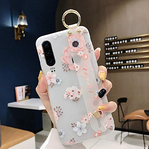Robinsoni Case Compatible with Huawei P30 Semi-Transparent Floral Flower Pattern Cover for Girls Women TPU Silicone Wrist-Band & Mental Ring Case Glitter Floral Cover Shockproof Bumper Back Case