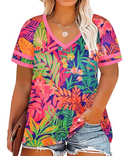 Image of CARCOS Womens Plus Size Tops Short Sleeve Shirts V Neck Tunic Floral /Tie Dye /Solid Summer Tees XL-5X