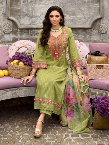 Image of INDO ERA Women's Anarkali Pure Cotton Floral Printed Embroidered Kurta & Pant with Dupatta Set (IEOUT10688)