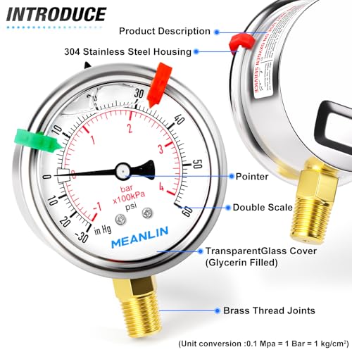 Image of MEANLIN MEASURE -30inHG~60Psi Vacuum Pressure Gauge 1 /4 inch NPT 2.5 inch FACE DIAL, Stainless Steel Liquid Filled Pressure Gauge WOG Water Oil Air Lower Mount (with 2PCS Snaps)