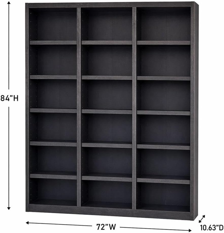 Pemberly Row 84" Tall 18-Shelf Triple Wide Wood Bookcase, Chocolate Espresso Finish, Solid Wood Veneer and Trim, Adjustable Shelves, Durable Storage for Home or Office Decor