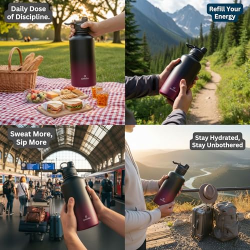 Image of Speedex Vacuum Insulated Stainless Steel Water Bottle 2 Litre (2000ml / 2L / 2 Ltr) with 2-in-1 Lid (Straw & Spout), Hot & Cold Leakproof Thermosteel Travel Flask for Gym & Outdoor (Black-Wine)