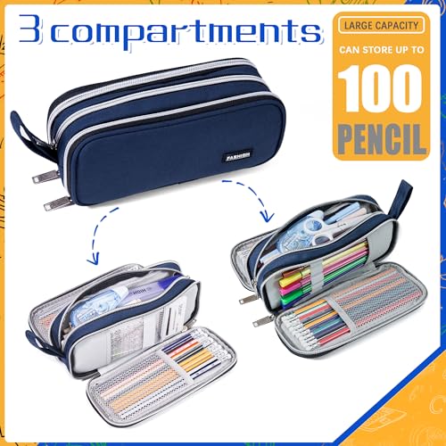 Image of Pencil Case with 3 Compartments, Canvas Zipper Pencil Pouch, Large Pencil bag, Big Pen Case Pouch Organizer for Adults, Pencil Pouches for Middle High School Teen Boys Girls - Blue