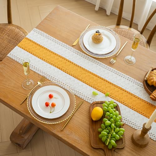 Image of FEXIA Boho Table Runner for Summer Home Decor with Tassels 72 Inches Long Farmhouse Yellow Rustic Table Decoration Macrame Burlap Decor for Living Room Bridal Shower (12x72 Inches)